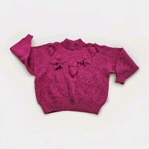 Unbranded Handknit Sweater Women M/L Fucsia LS Mock Neck Embellished Boho Preppy